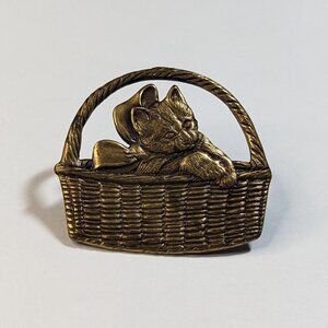 Vintage Golden Tone Kitten Flower Picnic Basket Bronze Golden Tone Pin Brooch